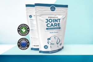 Vorderseite und Rückseite Anicare Premium Joint Care, 2 Badges: 1. Natürliche Inhaltsstoffe, 2. Produkt aus Europa