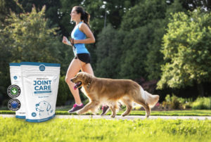 Hund läuft neben Joggerin im Grünen nebenher - auf der Seite zu sehen ist eine Packung von Anicare Premium Joint Care